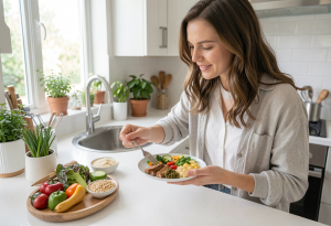 Woman serving a balanced meal on a small plate, portioning vegetables, protein, and carbs to practice portion control for weight loss