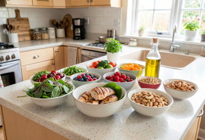 Bowls of liver-friendly foods including leafy greens, berries, cruciferous vegetables, nuts, olive oil, and lean protein like chicken and eggs, illustrating foods that support liver health naturally