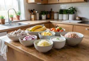 Bowls of prebiotic foods like garlic, onions, bananas, and probiotic foods like yogurt and sauerkraut, illustrating the role of prebiotics and probiotics for gut health
