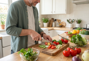 Person cutting fresh vegetables on a cutting board, preparing a balanced meal to practice portion control for weight loss