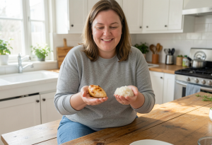 Woman holding a palm-sized portion of cooked chicken in one hand and a cupped-hand portion of raw rice in the other, illustrating portion control for weight loss
