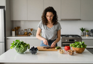 Woman preparing a meal with liver-friendly foods like leafy greens, berries, and nuts, illustrating the functions of the liver