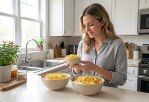 portion control for weight loss - Woman comparing a small bowl of pasta to a large bowl on a kitchen counter, illustrating portion size vs. serving size for weight loss