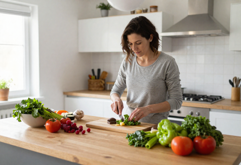 Woman preparing a colorful meal with leafy greens, berries, and liver-friendly foods in a bright kitchen, illustrating ways to support liver health naturally