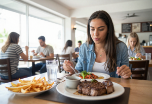 Woman comparing a large restaurant meal to a smaller plate portion, illustrating common portion control mistakes to avoid for weight loss