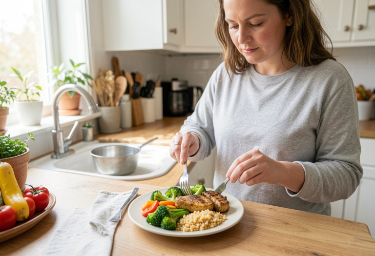 Woman measuring portion sizes on a plate with vegetables, protein, and carbs, practicing portion control for weight loss
