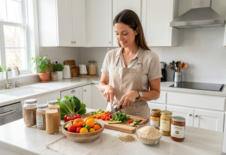 Woman preparing a colorful gut-friendly meal with vegetables, whole grains, and fermented foods in a bright kitchen, promoting gut health naturally