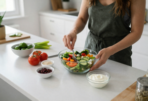 Woman preparing a salad with fiber-rich vegetables and yogurt on the counter, illustrating natural ways to support gut health