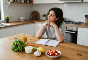 Woman sitting at a kitchen table with a notebook and gut-friendly foods like vegetables, yogurt, and kimchi, illustrating frequently asked questions about gut health