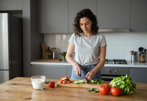 Woman at a kitchen table with gut-friendly foods like yogurt, kimchi, and fresh vegetables, illustrating a healthy gut microbiome
