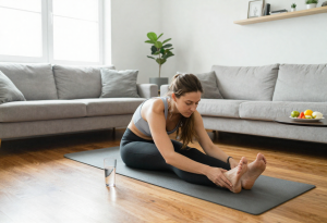 Woman stretching on a yoga mat in a bright living room with healthy snacks and water nearby, illustrating lifestyle habits that promote a healthy gut