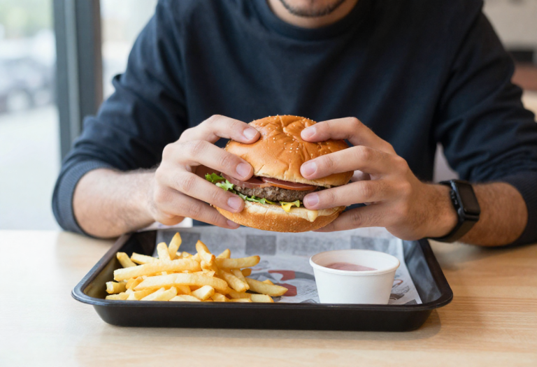Person eating a large burger and fries, illustrating hunger and food cravings