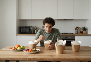 Person experiencing hunger while sitting at a kitchen table with healthy foods nearby