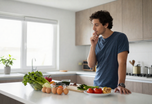 Hunger hormones explained - Person thinking about food in a kitchen illustrating hormones that regulate hunger and appetite