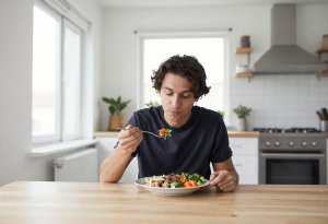 Person pausing while eating a healthy meal representing hunger and fullness hormone balance