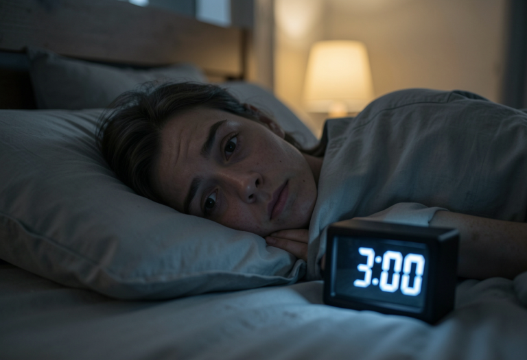 wake up at 3 am - Person lying awake in bed at 3 AM, illustrating sleep disruption and early-morning wake-ups