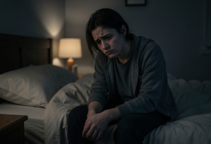 Person sitting on the side of a bed at 3am looking tired and frustrated, illustrating early-morning sleep disruption