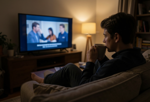 wake up at 3am - Person drinking coffee while watching TV late at night, illustrating lifestyle habits that disrupt sleep