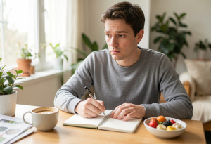 Person thinking while looking at food, illustrating common questions about hunger hormones and appetite