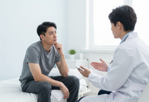 wake up at 3am - Patient speaking with a doctor in a clinic, illustrating seeking professional advice for sleep problems