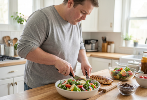 Hunger Hormones Explained - Person preparing a balanced meal with vegetables, grains, and protein, illustrating healthy habits to support hunger hormones