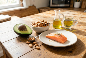 what are healthy fats - Measured portions of avocado, nuts, olive oil, and salmon on a wooden table, representing recommended daily intake of healthy fats.