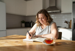 Woman sitting at a sunlit kitchen table with a notebook, tea, fruit, and water, illustrating reviewing and tracking daily habits to support weight loss with PCOS