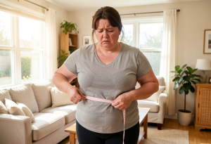 Woman measuring her waist in a sunlit living room with water, a notebook, and fruit nearby, illustrating common patterns of weight changes during menopause
