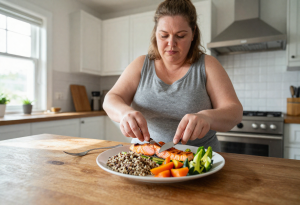 Woman preparing a plate of grilled salmon, quinoa, and vegetables in a sunlit kitchen with water and notebook nearby, illustrating nutrition strategies for menopause weight management