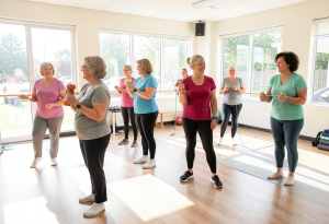 Group of women in their early 50s participating in a bright gym class with dumbbells and resistance bands, illustrating exercise strategies for managing menopause weight changes
