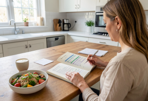 Woman sitting at a kitchen table in daylight reviewing printed blood test results with healthy food nearby, illustrating learning about PCOS and weight