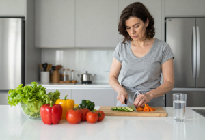 Woman chopping vegetables at a kitchen counter, illustrating meal preparation for managing acid reflux naturally
