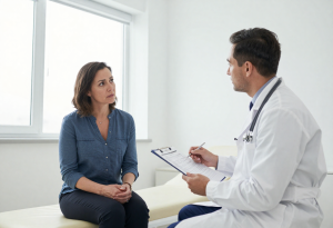 Woman sitting across from a doctor in a bright consultation room, illustrating professional evaluation for acid reflux