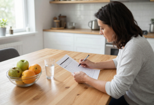 Woman sitting at a sunlit kitchen table reviewing a chart of metabolism and hormone changes, with water and fruit nearby, illustrating understanding of weight changes during menopause