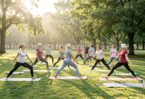 Woman doing light stretching in a bright living room with water and healthy foods nearby, illustrating lifestyle management of reflux risk factors