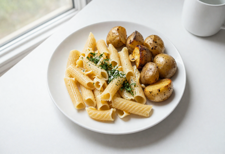 Plate of pasta and roasted potatoes as healthy carbohydrate sources