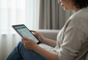 middle-aged person reading liver health information on a tablet at home, illustrating FAQ and learning about alcohol effects