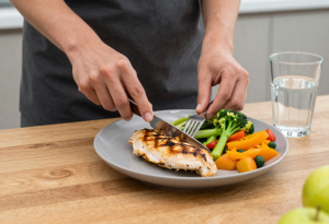 person preparing a healthy meal and drinking water at home to support liver health