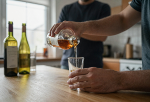 person pouring a standard 1.5 oz shot of spirits at home, with beer and wine on the counter