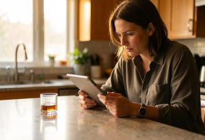 person at home drinking alcohol while learning about liver health