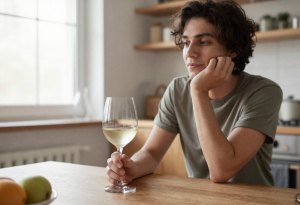 person holding a glass of wine at home, considering health effects