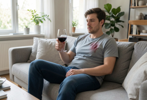 Young adult sitting on a couch with mild bloating after drinking alcohol.