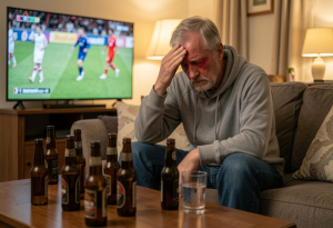 alcohol and red eyes - Middle-aged man rubbing his red, tired eyes while sitting on a couch at home, with a beer bottle and water glass nearby and TV sports on in the background, illustrating alcohol’s effects on eye appearance