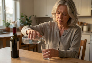 Middle-aged man pouring a glass of water at home with a bottle of wine nearby, illustrating simple ways to reduce eye fatigue and redness after drinking
