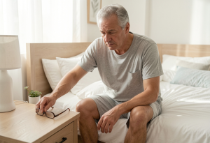 Middle-aged man sitting on the edge of the bed reaching for his eyeglasses, appearing slightly tired with mild eye redness, illustrating subtle effects of fatigue or alcohol on eyes in a realistic morning routine