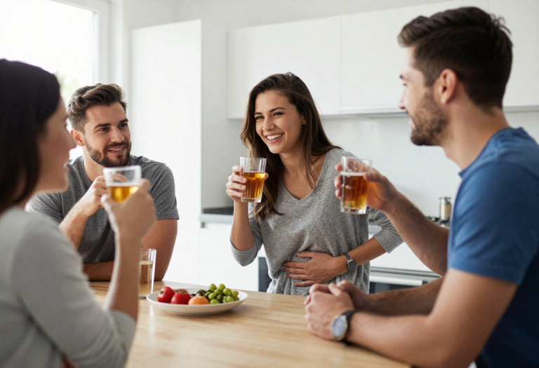 Why Alcohol Makes You Bloated the Next Day Group of friends enjoying drinks, one person showing mild bloating discomfort after drinking alcohol.