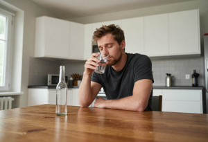 Middle-aged man sitting at a kitchen table holding a glass of water, with an empty beer bottle nearby, illustrating how hydration helps reduce dry, irritated eyes after drinking