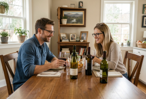 alcohol and red eyes - Couple sitting together at a dining table, both wearing glasses and drinking wine with empty bottles nearby, illustrating subtle eye fatigue and lifestyle habits related to alcohol consumption