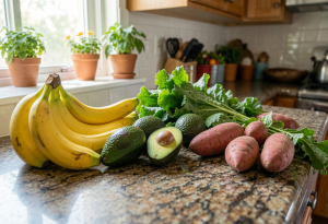 fresh potassium-rich foods including bananas, avocado, sweet potatoes, and leafy greens on a kitchen counter