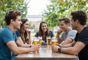 Group of friends drinking beer together in a social setting.